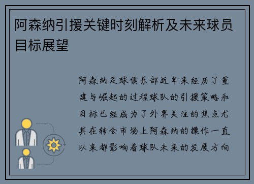 阿森纳引援关键时刻解析及未来球员目标展望
