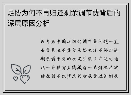 足协为何不再归还剩余调节费背后的深层原因分析