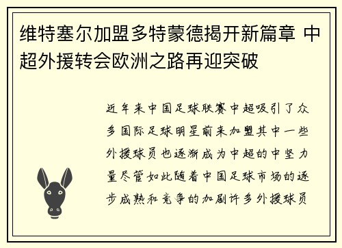 维特塞尔加盟多特蒙德揭开新篇章 中超外援转会欧洲之路再迎突破