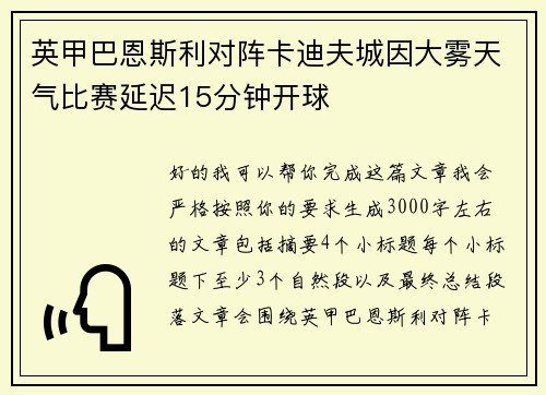 英甲巴恩斯利对阵卡迪夫城因大雾天气比赛延迟15分钟开球
