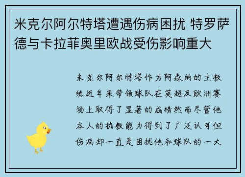 米克尔阿尔特塔遭遇伤病困扰 特罗萨德与卡拉菲奥里欧战受伤影响重大