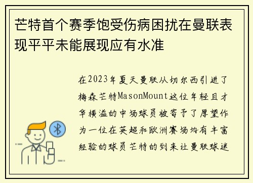 芒特首个赛季饱受伤病困扰在曼联表现平平未能展现应有水准